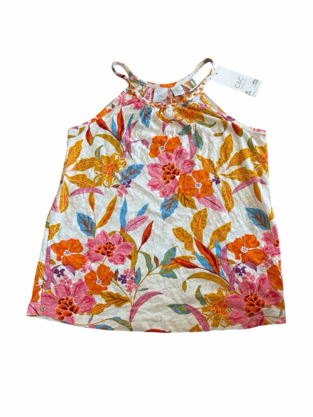 C & C Tropical Floral Print Tank Linen Blend  Top Braided High Neck Size S